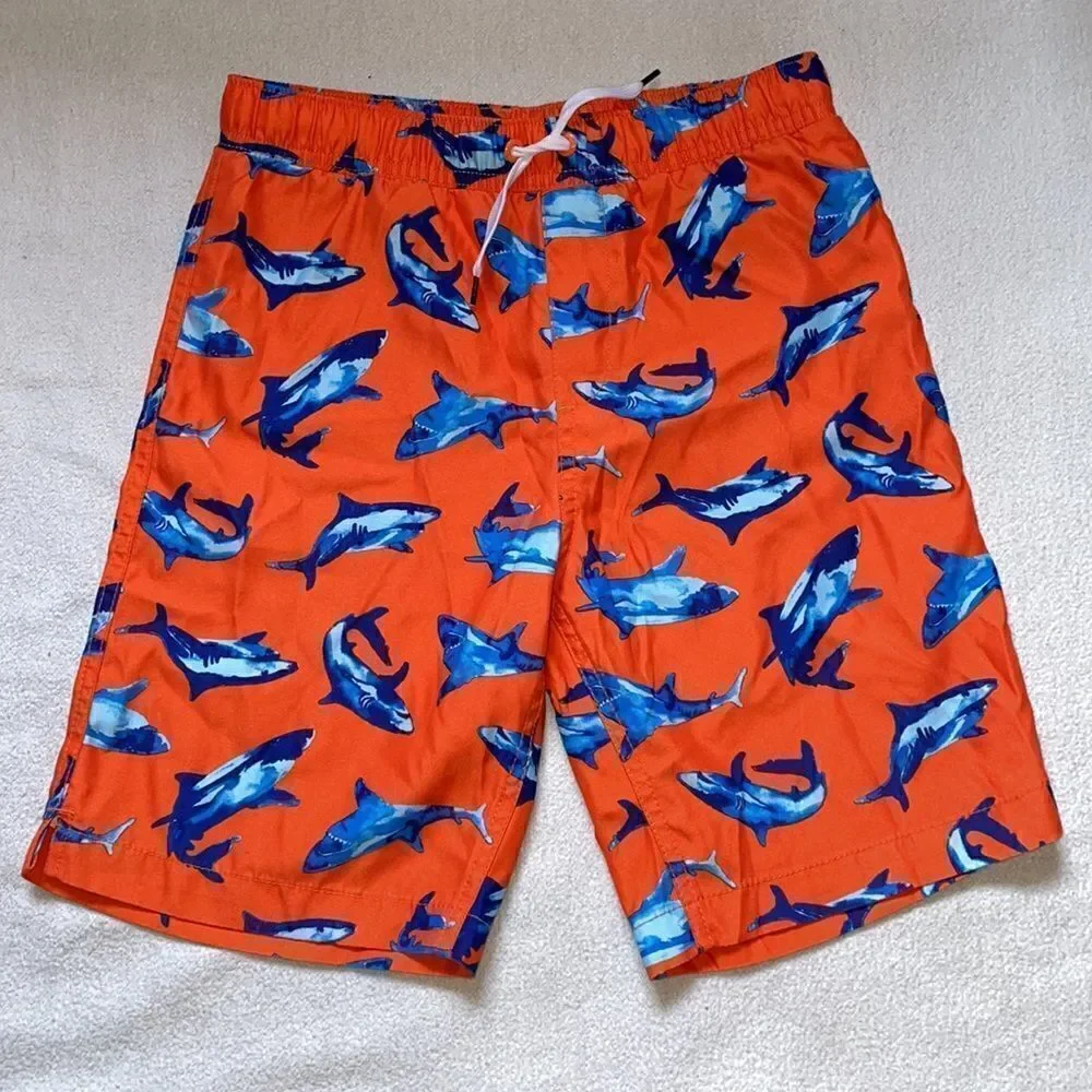 Lands’ End Boys Orange Swim Trunks w/Blue Dolphins & Elastic Waist (Size: Boys M
